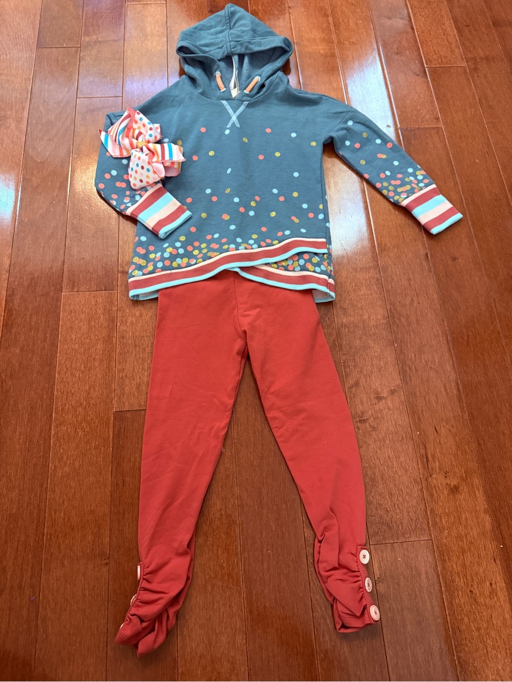 Matilda Jane Teal Polka Dot Hoodie Pajama Set with Coral Leggings